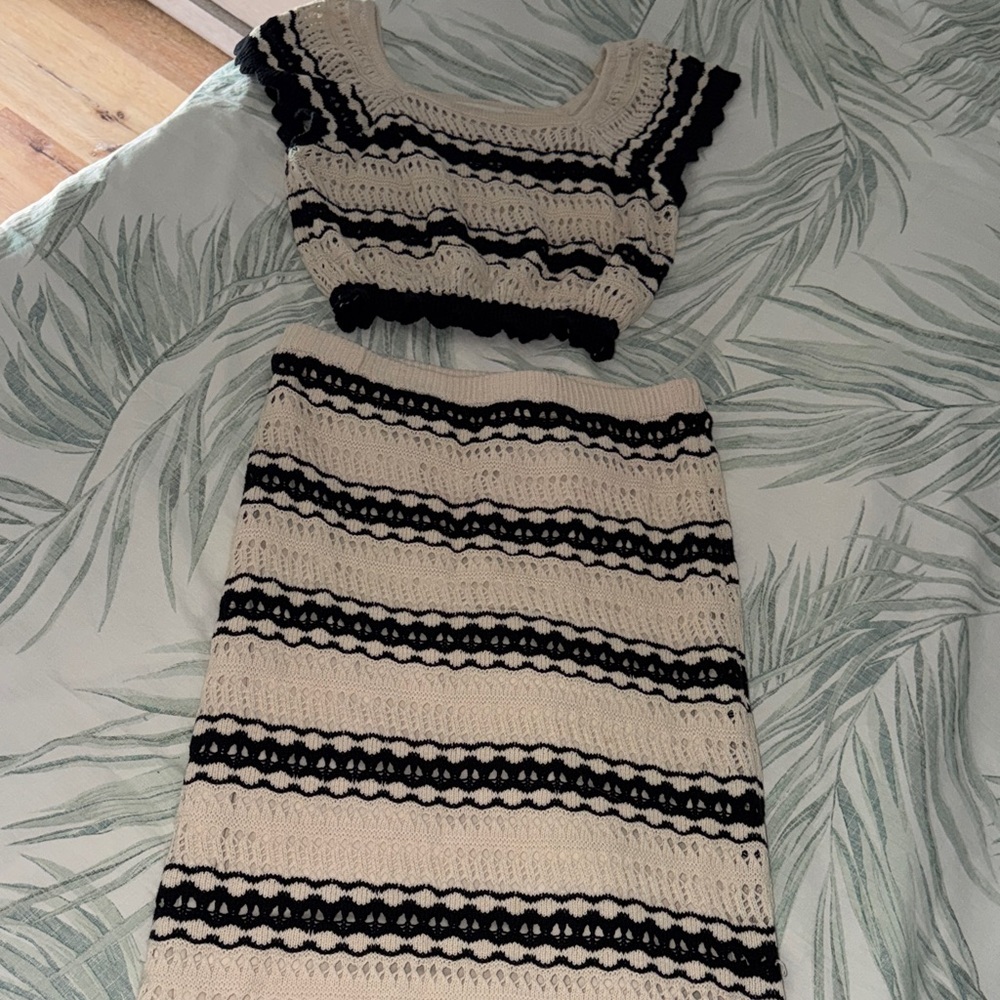 Two-Piece Beige and Black Crochet Midi Dress Set